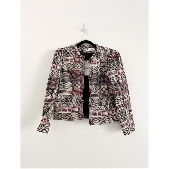 NWT ZARA Cropped Geometric Multicolor Embroidered Wool Blend Jacket Sz S - Picture 5 of 8